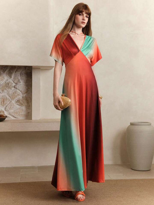 CM-DS922324 Women Casual Seoul Style Satin Tie-Dye Ombre Deep V Neck Long Sleeve Maxi Dress