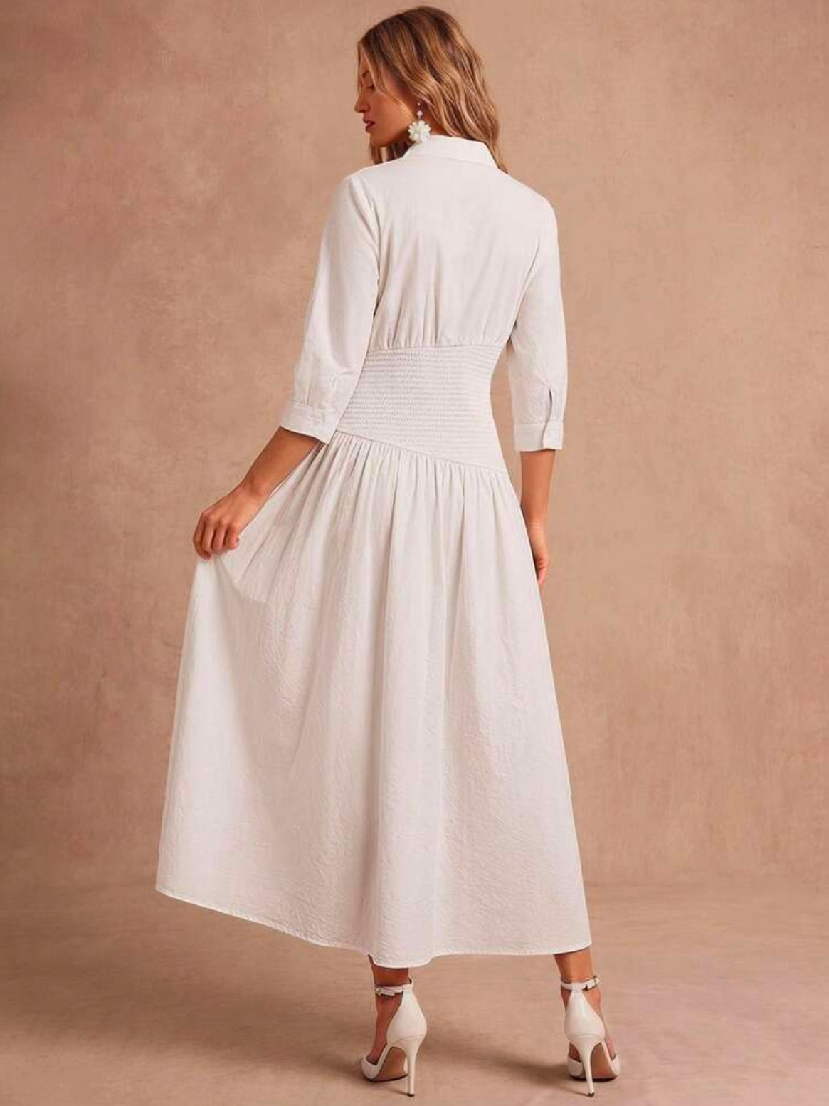 CM-DS246517 Women Elegant Seoul Style Collar Neckline 3/4 Sleeve Pleated Cinched Waist Dress - White