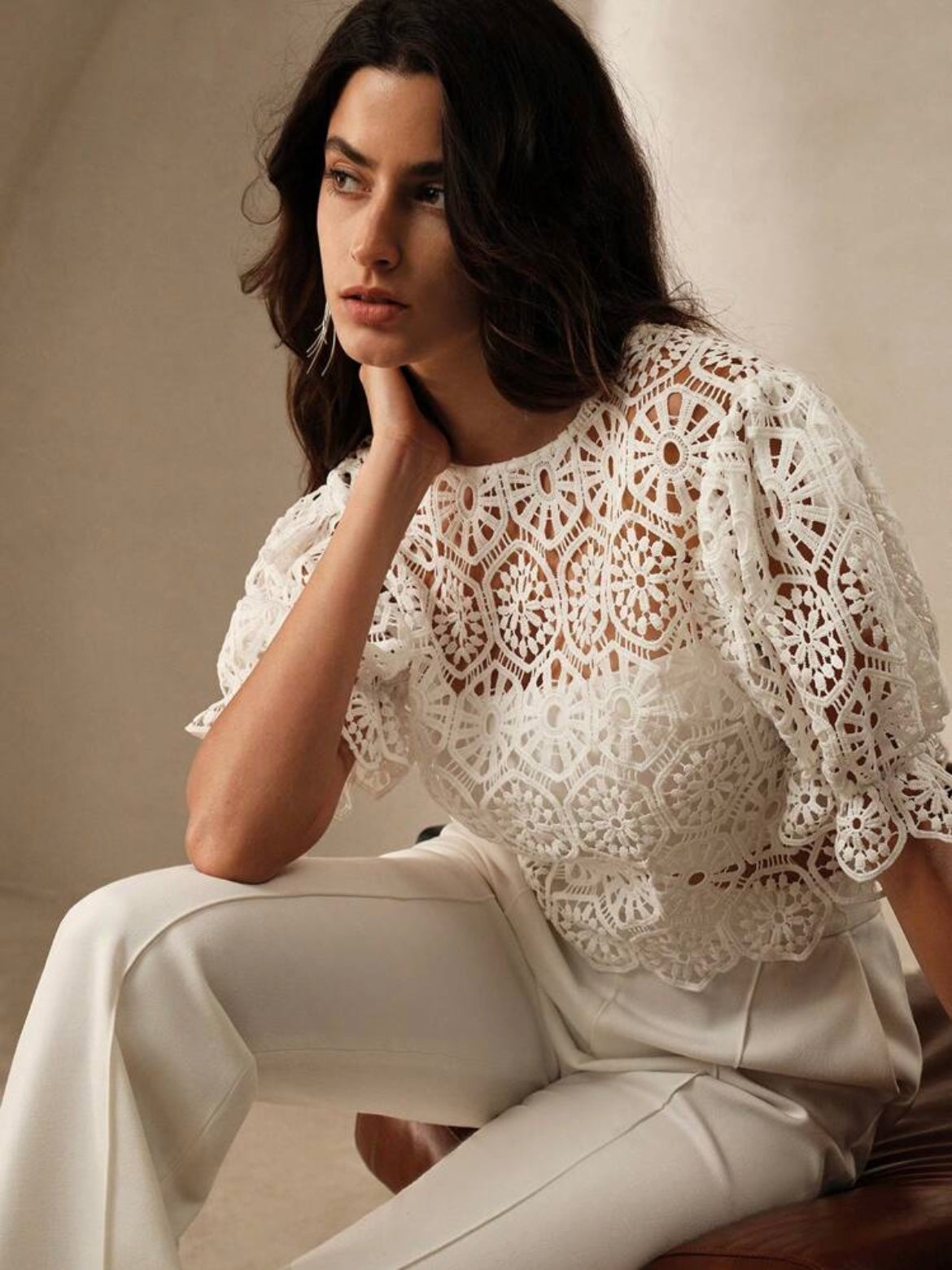CM-TS118087 Women Elegant Seoul Style Lace Gathered Waist Lantern Sleeve Top - White