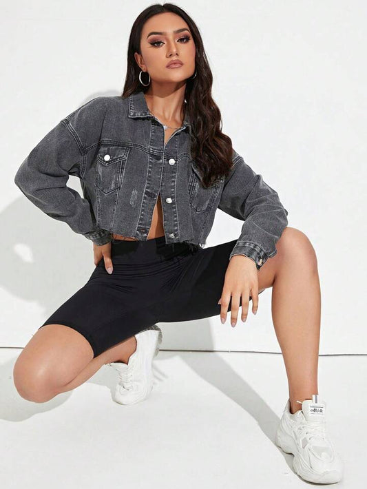 CM-CS141848 Women Casual Seoul Style Front Button Turn-Down Collar Long Sleeve Denim Jacket