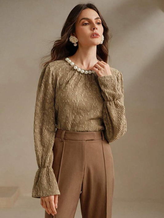 CM-TS591242 Women Elegant Seoul Style Pearl Collar V-Neck Bell Sleeve Textured Blouse Top - Khaki
