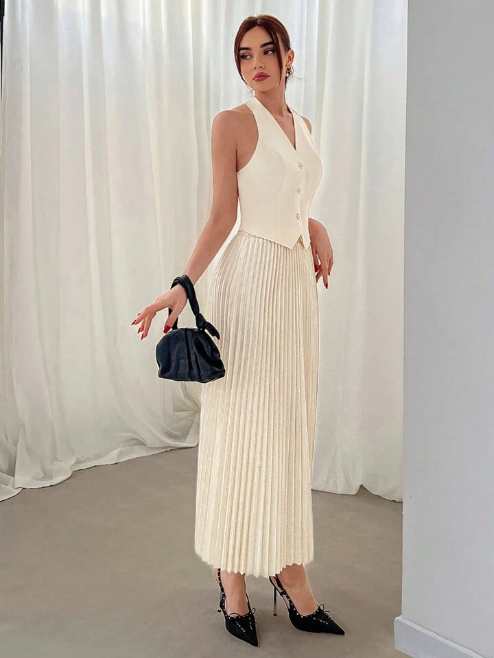 CM-SS346195 Women Elegant Seoul Style Halter Neck Single Breasted Vest With Pleated Skirt - Set