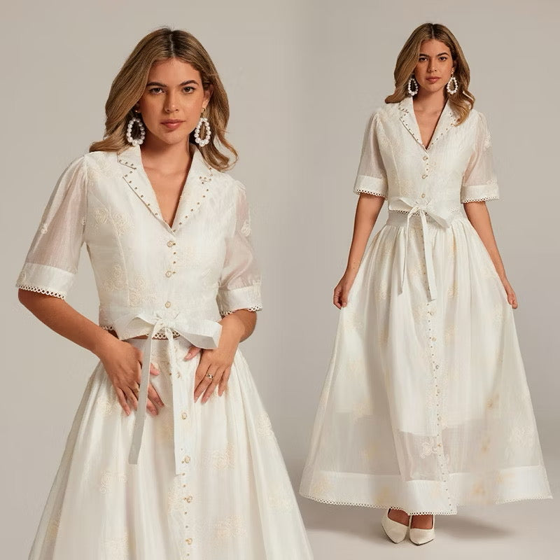CM-SY035589 Women Elegant European Style Collar Neckline Half Sleeve Beads Decor Blouse With High Waist Long Skirt - Set