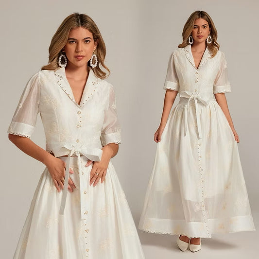 CM-SY035589 Women Elegant European Style Collar Neckline Half Sleeve Beads Decor Blouse With High Waist Long Skirt - Set