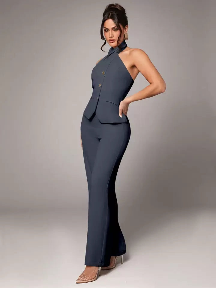 CM-SS288344 Women Elegant Seoul Style Sleeveless Metal Buckle Slim Halter Top With Pants Suit - Dark Gray