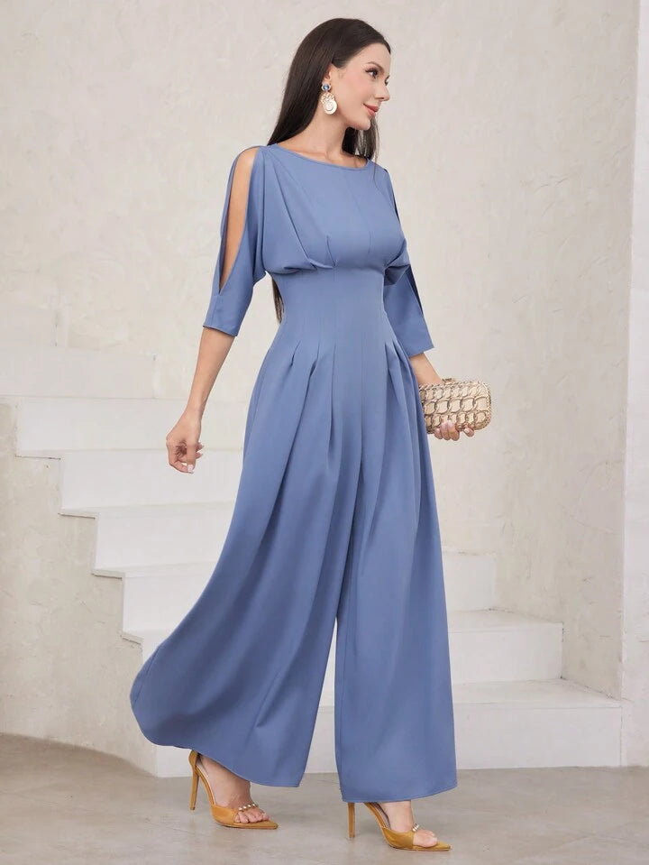 CM-JS521777 Women Elegant Seoul Style Hollow Out Sleeve Pleated Jumpsuit - Blue