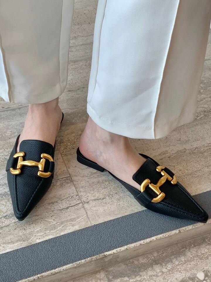 CM-SHS708759 Women Trendy Seoul Style Square Toe Metal Decor Flat Mules - Black