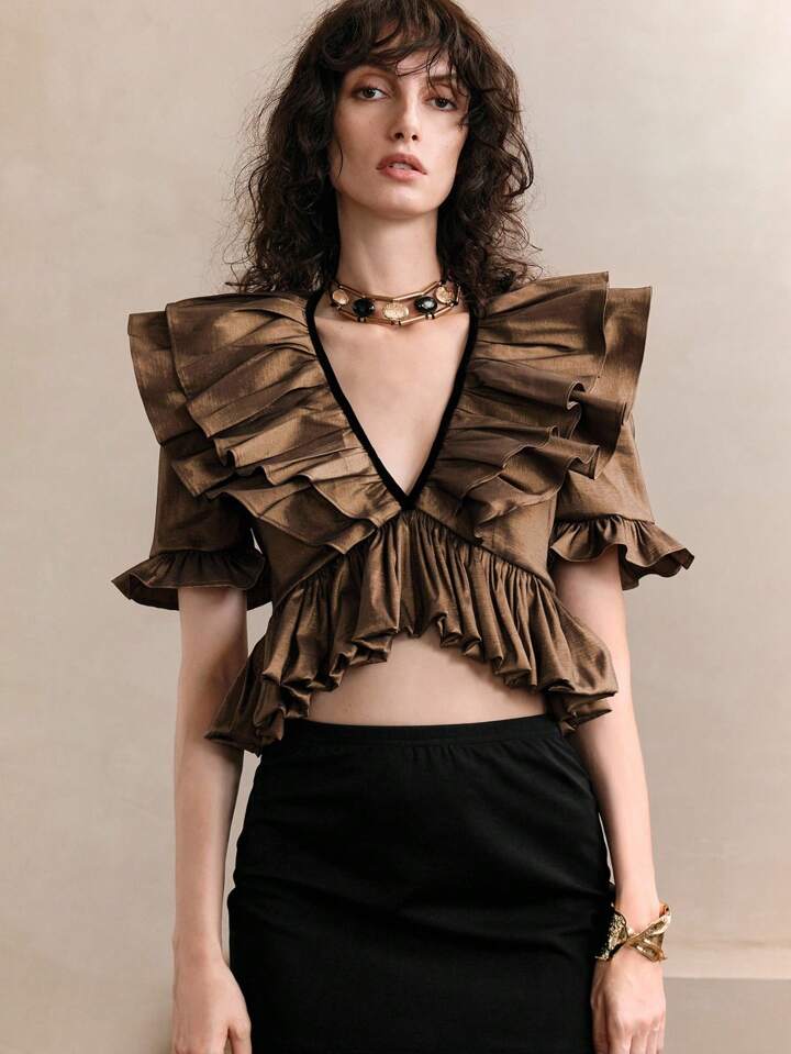 CM-TS736991 Women Elegant Seoul Style Metallic Luster Fabric One-Shoulder Multi-Layered Ruffled V-Neck Short Shirt