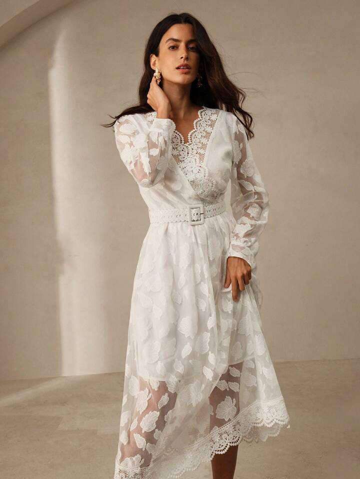 CM-DS009215 Women Elegant Seoul Style Lace Hollow Out Floral Cut V-Neck Puff Sleeve Cinched Midi Dress