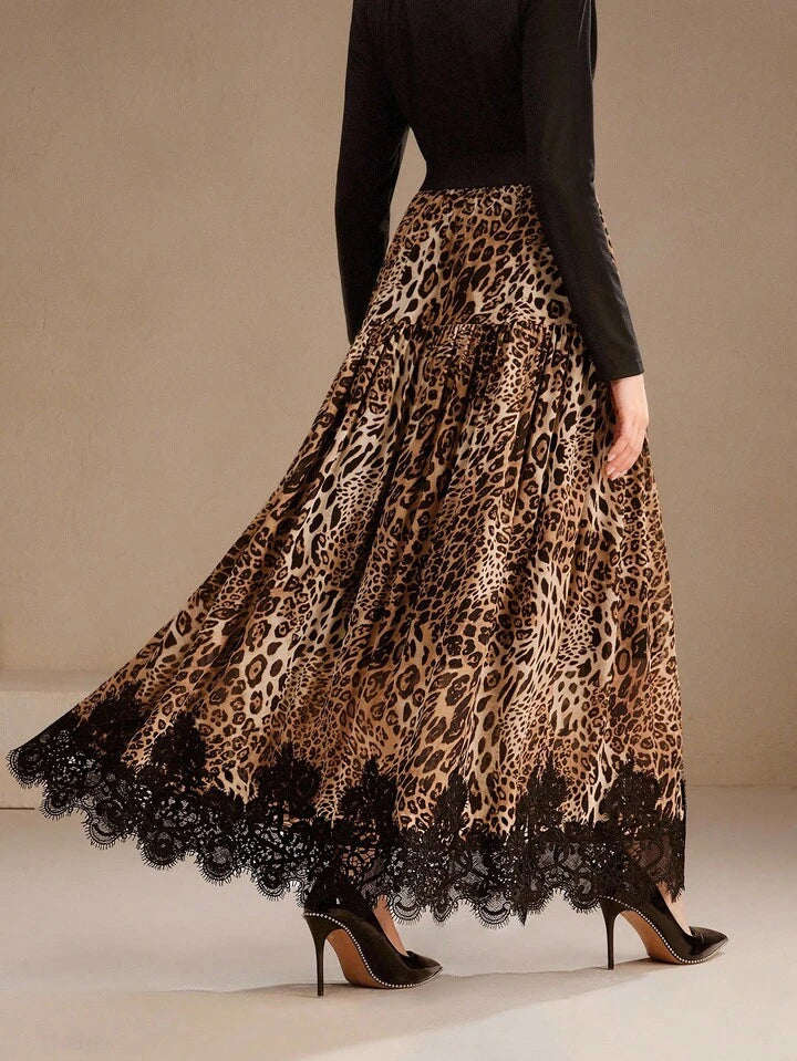 CM-BS944884 Women Elegant Seoul Style Leopard Print Patchwork Lace Elastic Waist A-Line Maxi Skirt