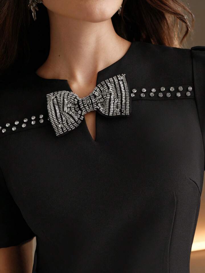 CM-DS157767 Women Elegant Seoul Style Rhinestone Bow Decor Short Sleeve A-Line Mini Dress - Black