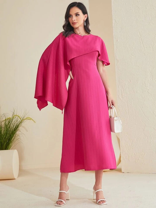 CM-DS748441 Women Casual Seoul Style Solid Asymmetrical Foldover Dress - Hot Pink