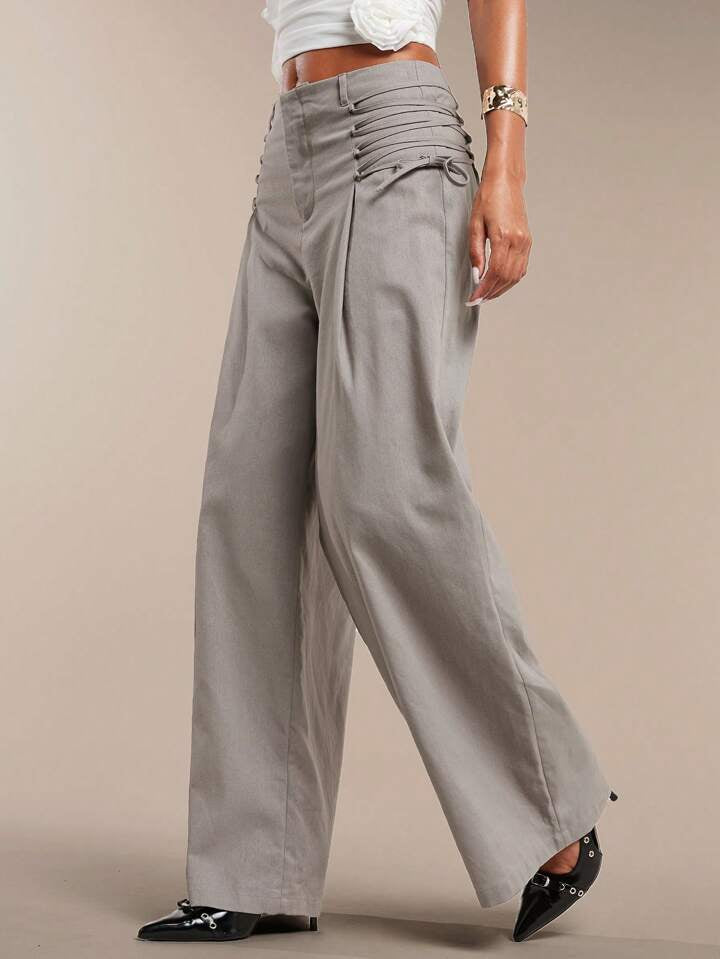 CM-BS449594 Women Casual Seoul Style Cross Waist High Waist Wide Leg Trousers - Gray