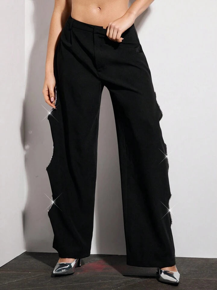 CM-BS771505 Women Casual Seoul Style Hollow Heart Rhinestone Side Stripes Wide Leg Pants