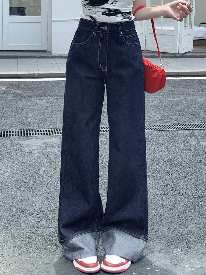 CM-BS770267 Women Casual Seoul Style Dark Wash Mid Waist Distressed Wide Leg Denim Jeans