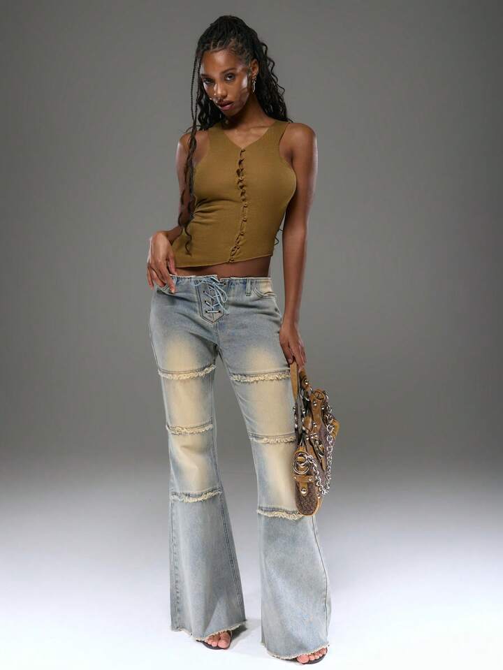 CM-BS321317 Women Casual Seoul Style Distressed Washed Tie Detail Flare Fitted Jeans