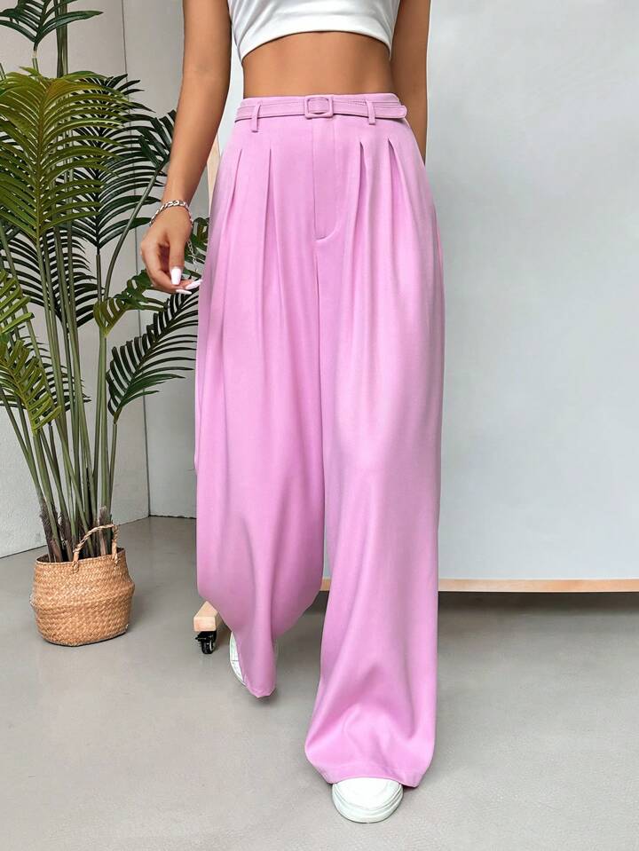 CM-BS652362 Women Elegant Seoul Style Solid Color Pleated Loose Fit Straight Leg Pants - Pink