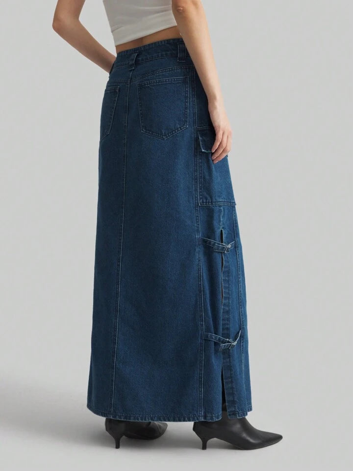 CM-BS254119 Women Casual Seoul Style Mid-Length A-Line Denim Skirt - Blue