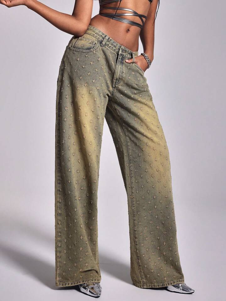 CM-BS020066 Women Casual Seoul Style Dark Wash Ultra Low Waist Straight-Leg Denim Jeans