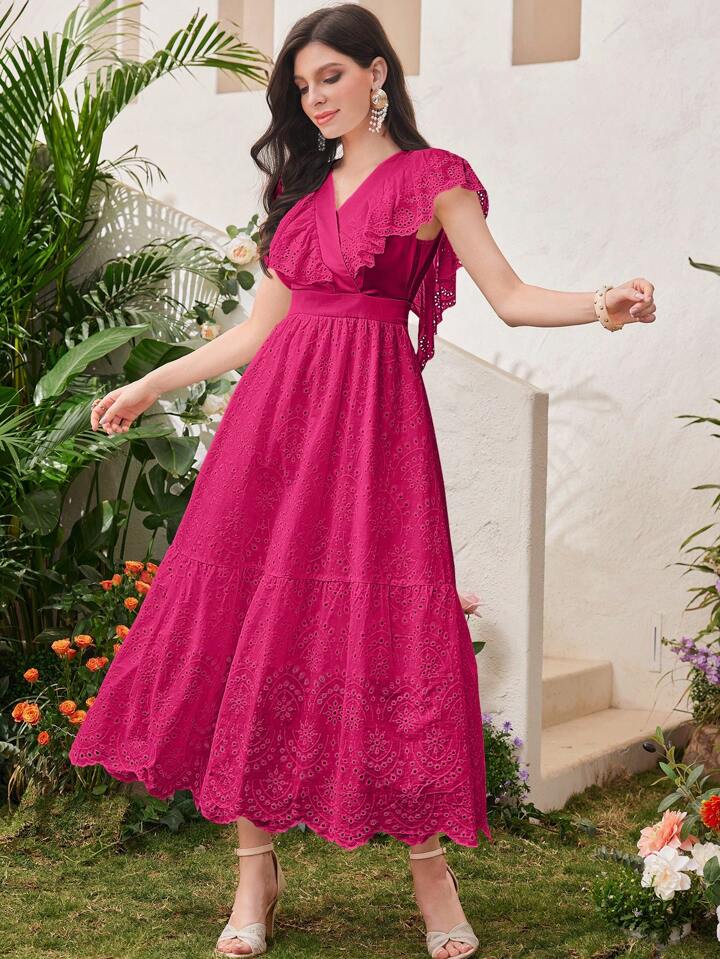 CM-DS312270 Women Trendy Bohemian Style V-Neck Short Sleeve A-Line Maxi Dress - Hot Pink
