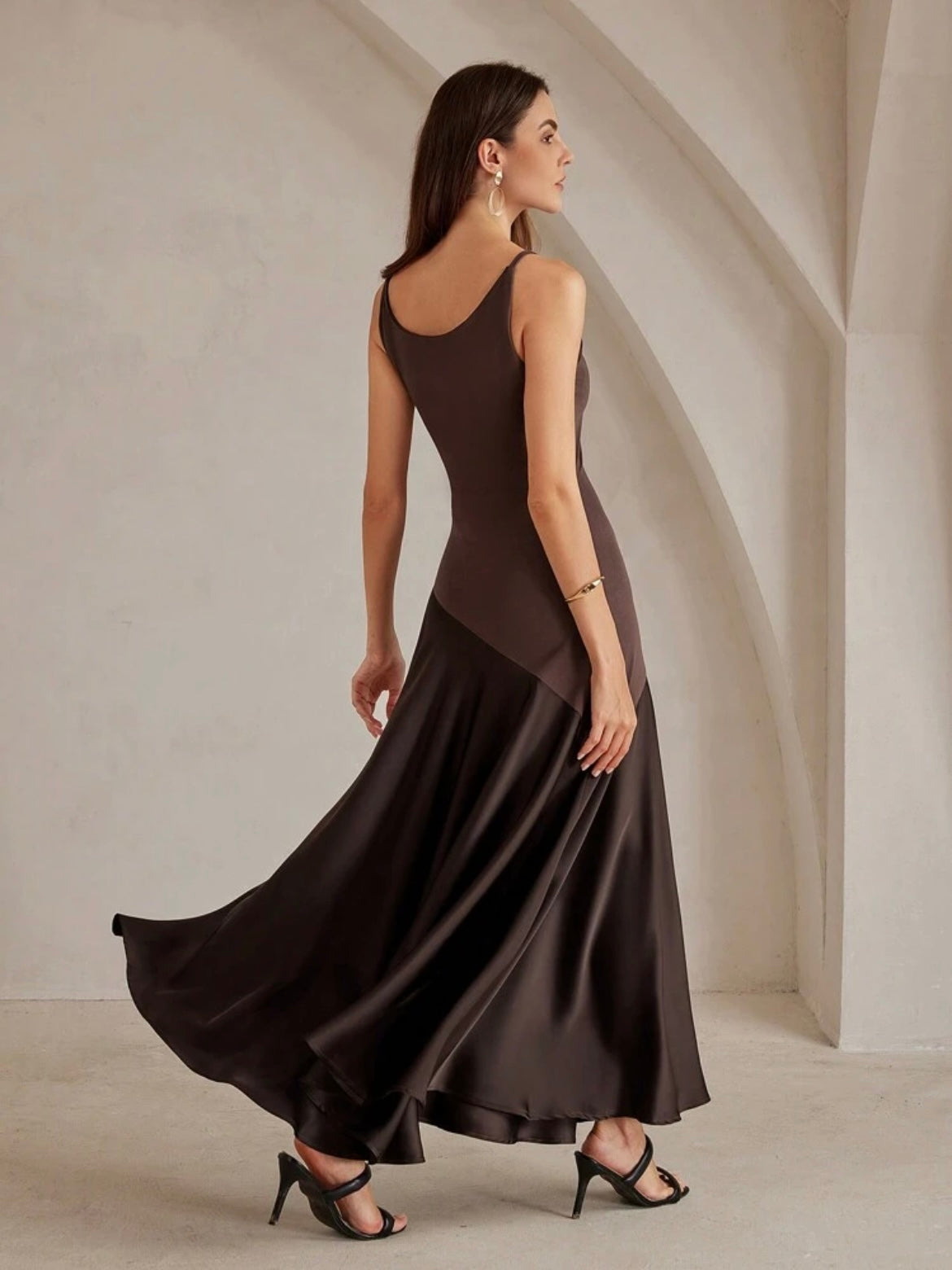 CM-DS099996 Women Elegant Seoul Style Solid Color Minimalist Spaghetti Strap Maxi A-Line Dress - Coffee