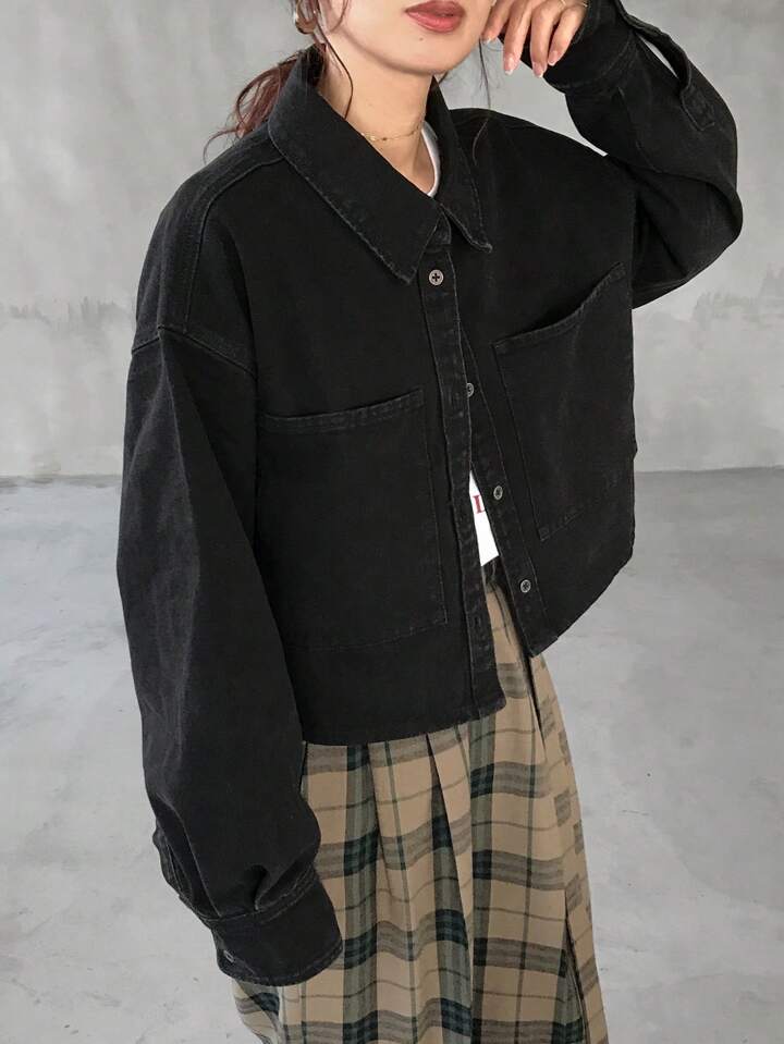 CM-CS301318 Women Casual Seoul Style Collar Neckline Button Front Long Sleeve Pocket Oversized Denim Jacket - Black