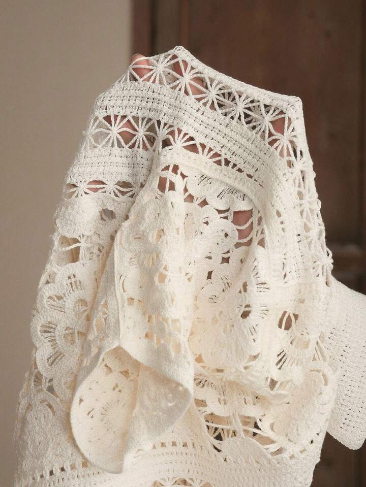 CM-TS333933 Women Casual Seoul Style Hollow Floral Asymmetric Loose Polo Collar Crochet Blouse