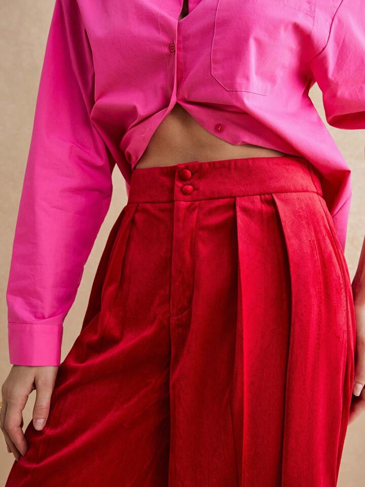 CM-BS143380 Women Elegant Seoul Style Waistband Double Button Velvet Pleated Trousers - Red