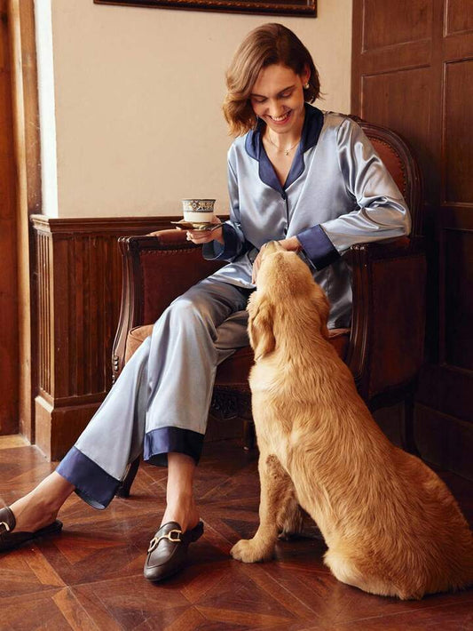 CM-LS073333 Women Trendy Seoul Style Satin Lapel Neckline Long Sleeve Pajama Set - Dusty Blue