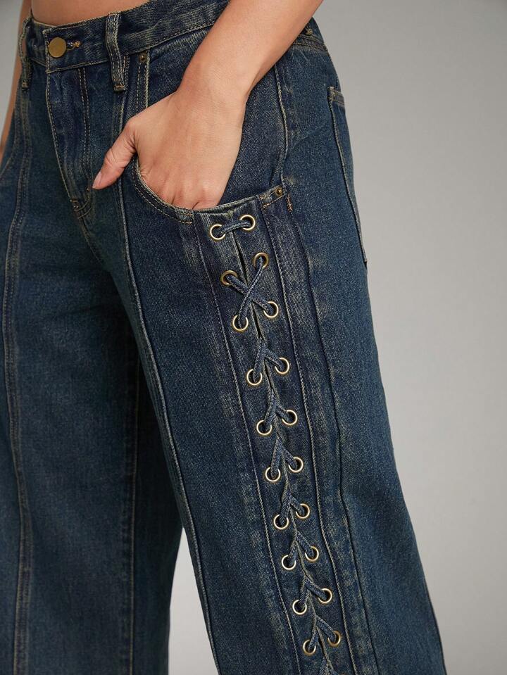 CM-BS613959 Women Casual Seoul Style Lace Up Exttra Long Wide Leg Denim Jeans