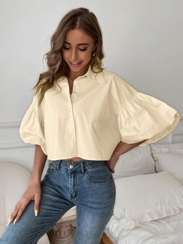 CM-TS082009 Women Casual Seoul Style Drop Bishop Sleeve Single Breasted Blouse - Beige