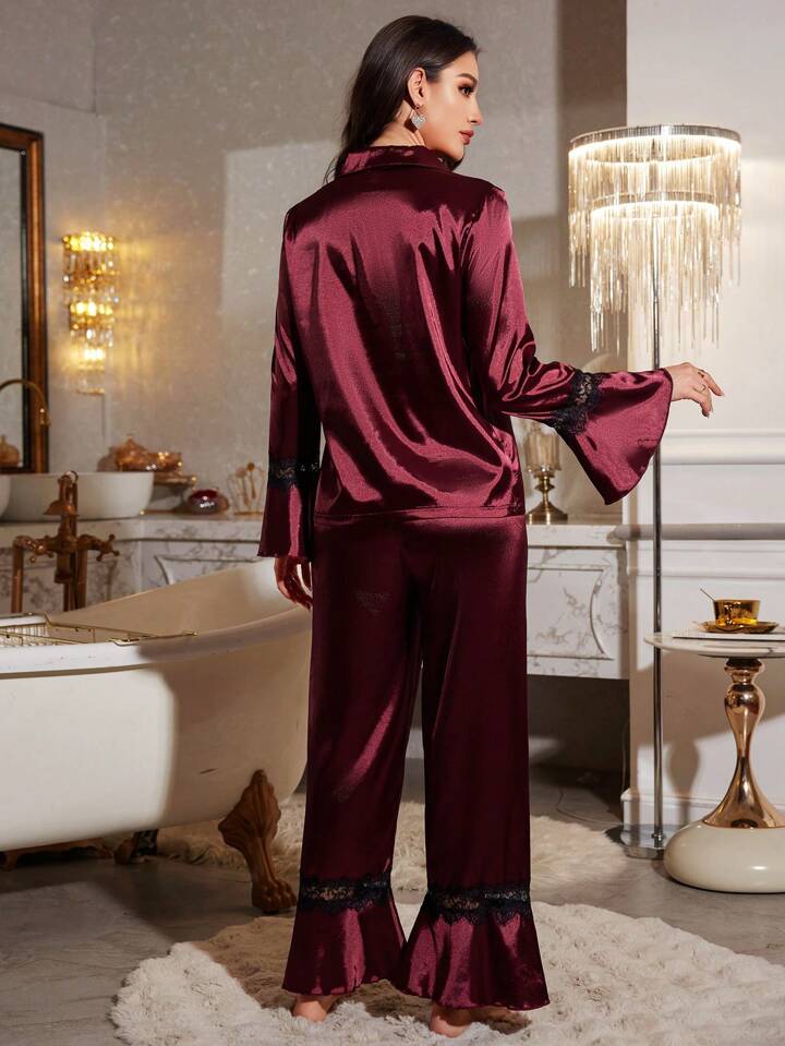 CM-LS104802 Women Trendy Seoul Style Lapel Neckline Lace Trim Cardigan Sleepwear Set - Burgundy