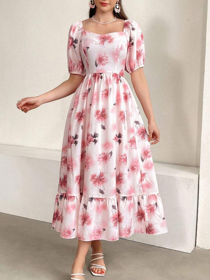 CM-DS703995 Women Casual Seoul Style Floral Print Sweetheart Neckline Ruffle Hem Dress