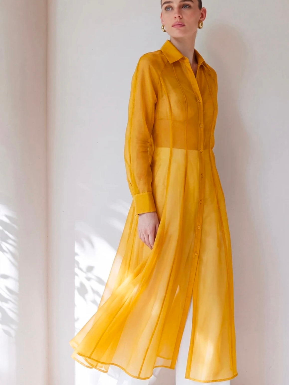 CM-TS234034 Women Casual Seoul Style Translucent Textured V-Neck Long Sleeve Gathered Waist Shirtdress - Yellow