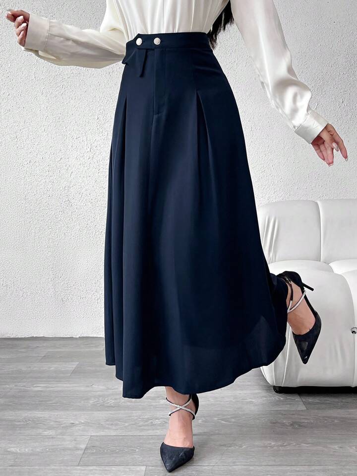 CM-BS522366 Women Elegant Seoul Style Button Decor Flared Hem A-Line Skirt - Navy Blue