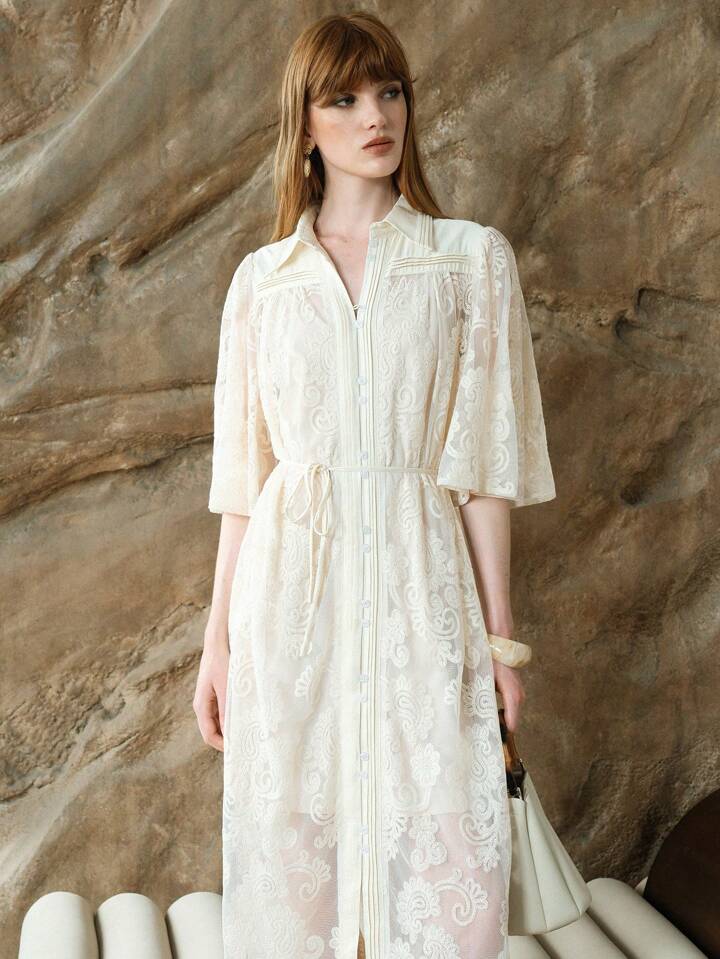 CM-DS317369 Women Trendy Bohemian Style Floral Jacquard Collar Neckline Half Sleeve High Waist Shirt Dress