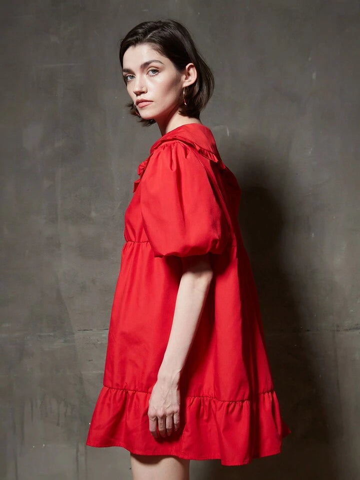 CM-DS665783 Women Elegant Seoul Style Peter Pan Collar Short Puff Sleeve Dress - Red
