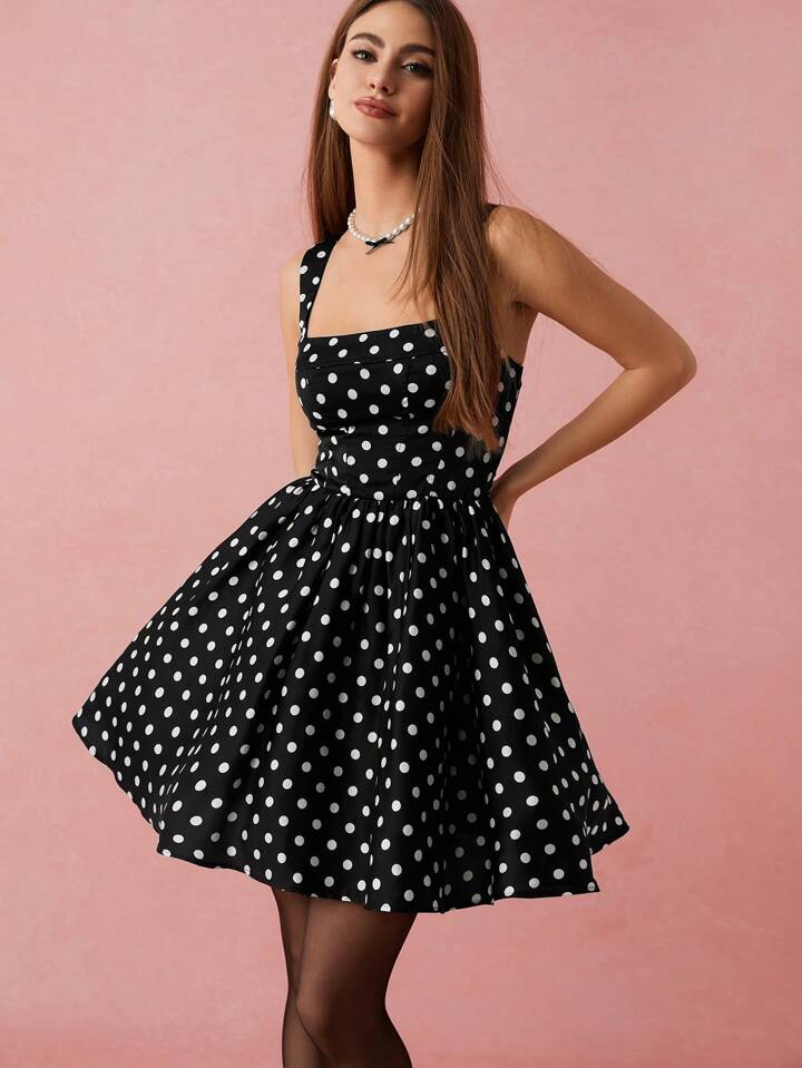 CM-DS780795 Women Elegant Seoul Style Polka Dot Print Waist Cinched Sleeveless Mini Dress - Black