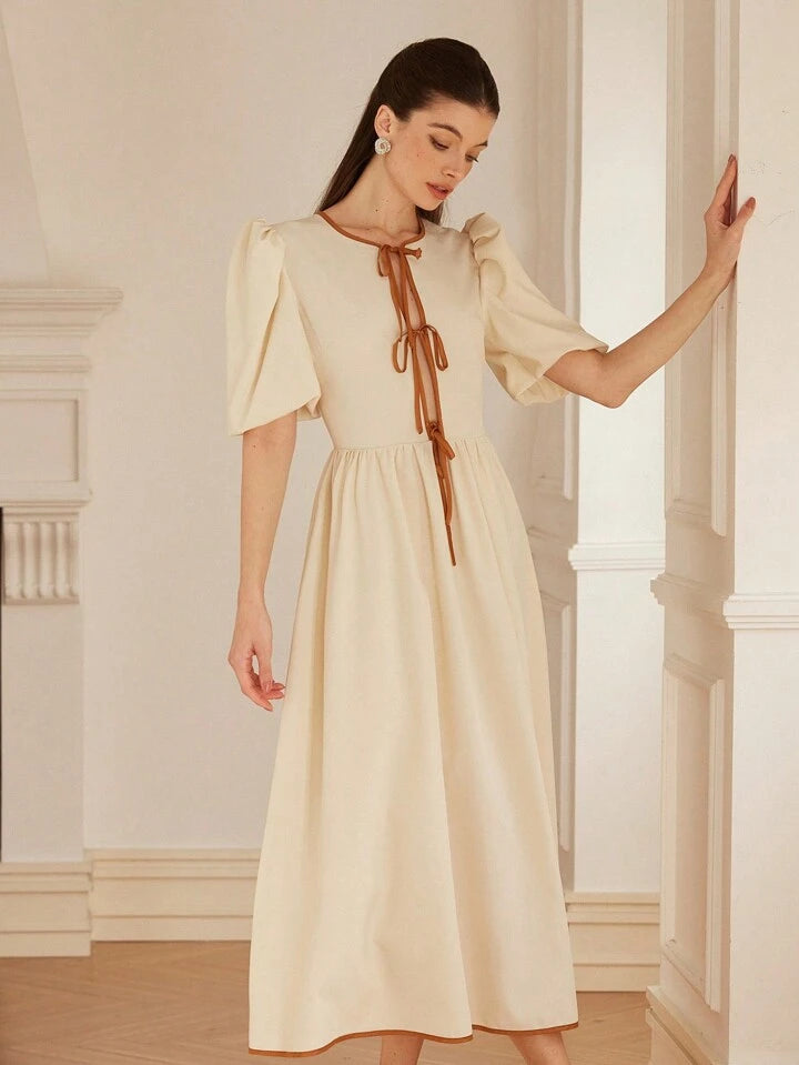 CM-DS389922 Women Casual Seoul Style Bowknot Backless Short Sleeve Cinched Waist A-Line Dress