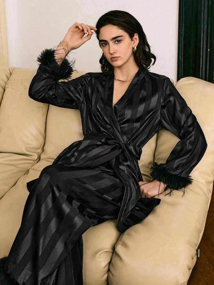 CM-LS242769 Women Trendy Seoul Style Striped Satin Wool Cuff Wrist-Length SleevePajama Set - Black