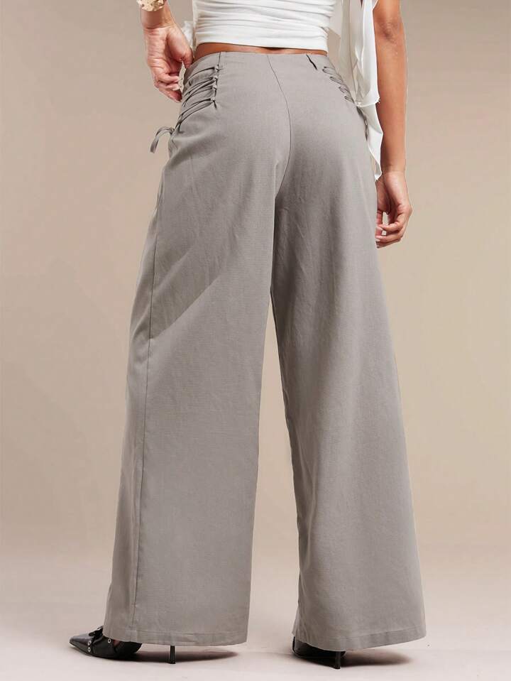 CM-BS449594 Women Casual Seoul Style Cross Waist High Waist Wide Leg Trousers - Gray