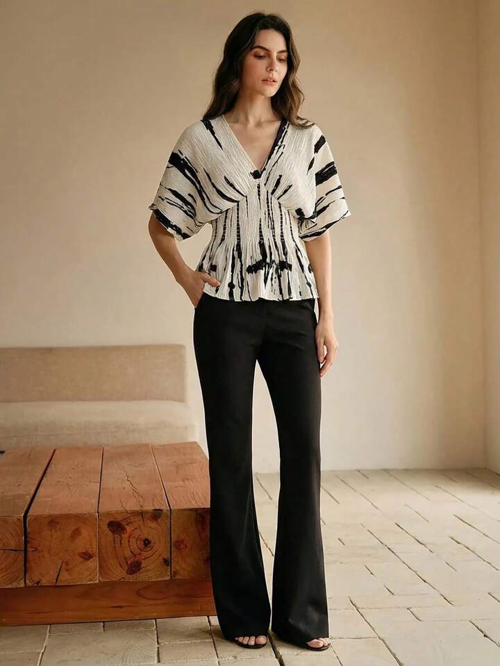 CM-TS534596 Women Elegant Seoul Style V-Neck Short Sleeve Ink Print Shirred Waist Blouse - Apricot