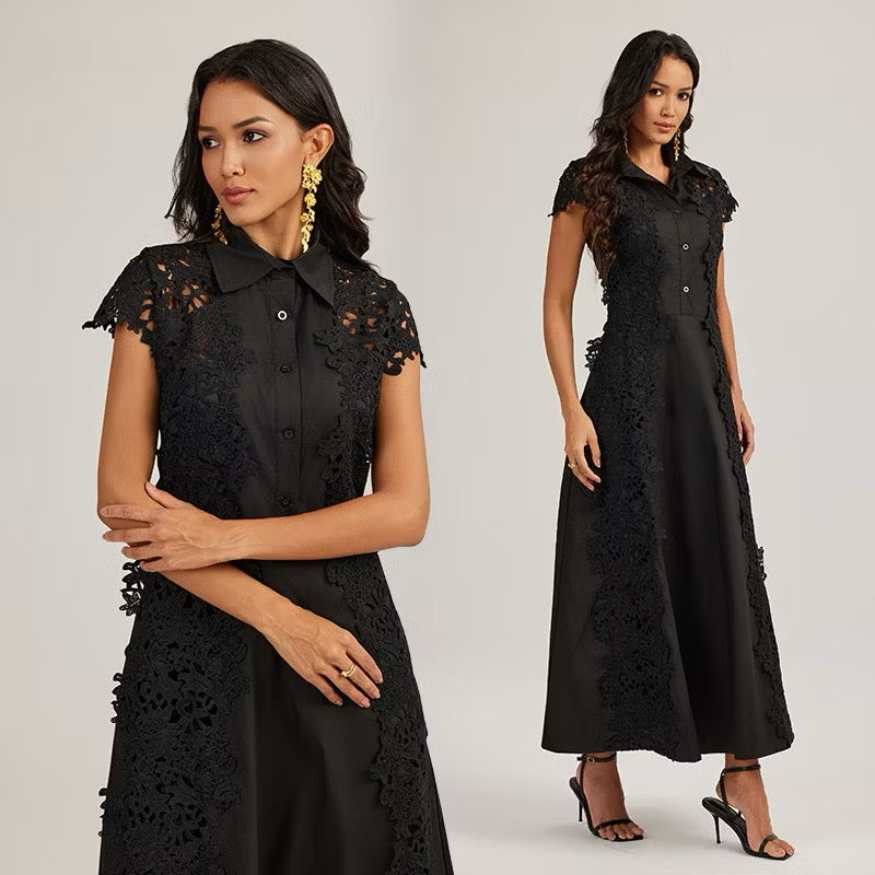CM-DY044437 Women Elegant European Style Lace Collar Neckline Short Sleeve Splice Long Dress (Available in 2 colors)