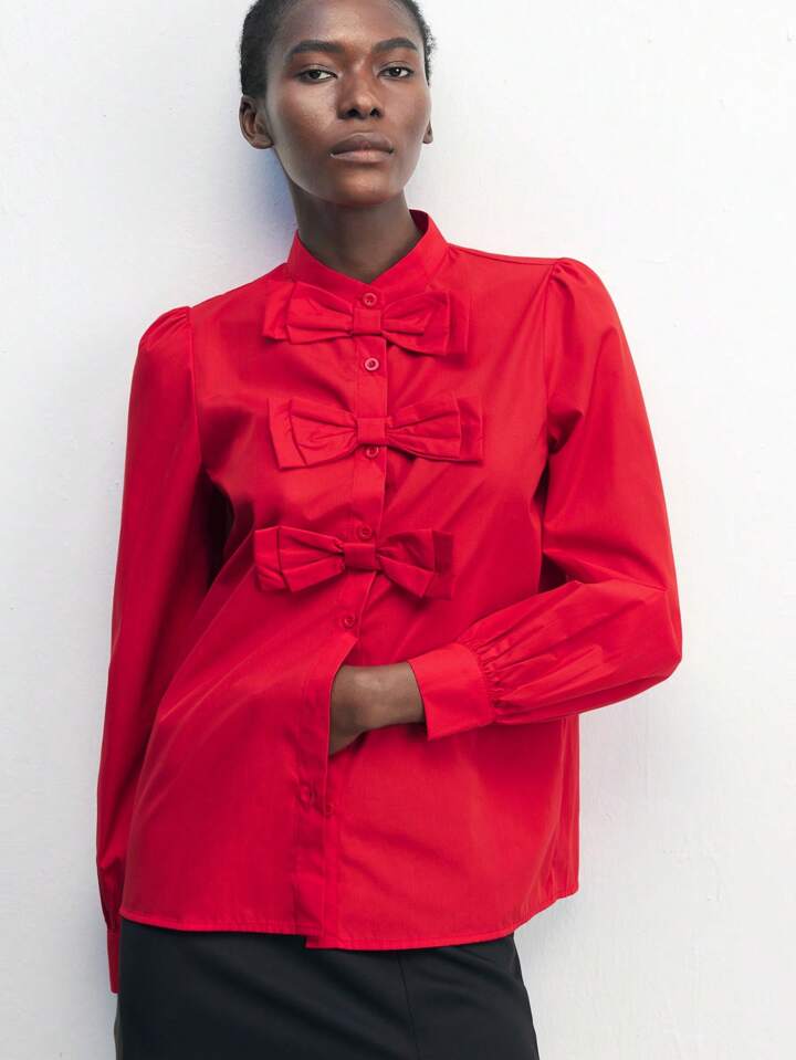 CM-TS178815 Women Elegant Seoul Style Bow Decor Shirt Collar Button-Up Long Sleeve Blouse - Red