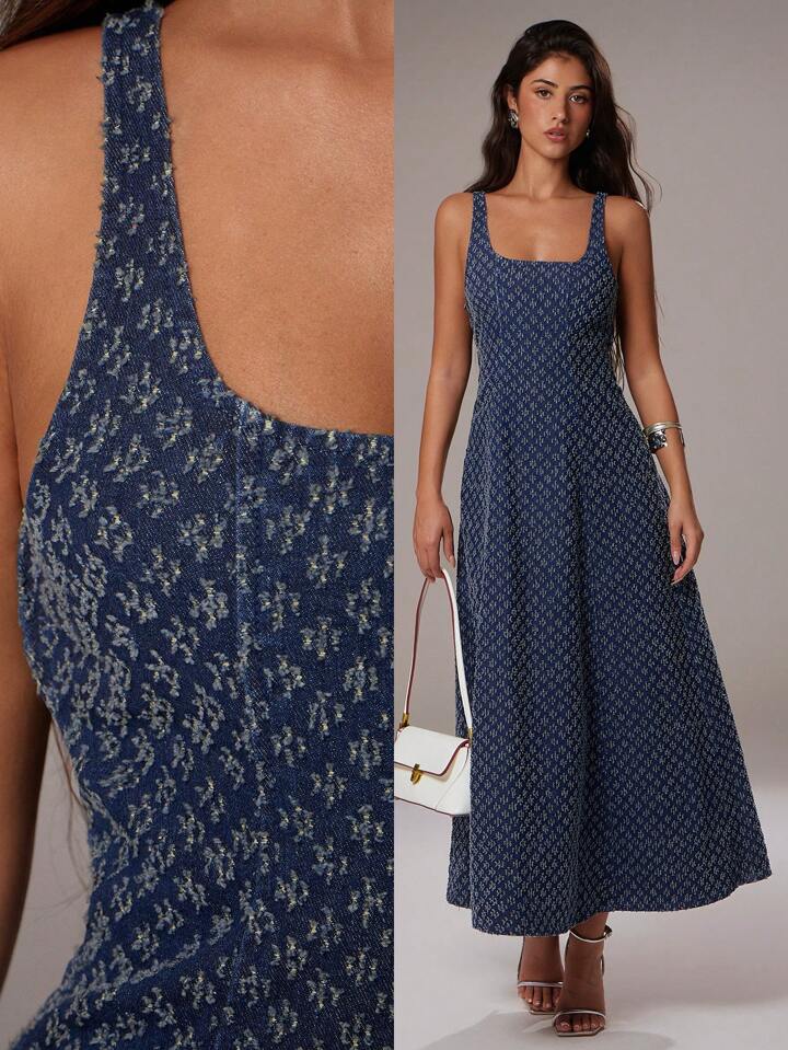 CM-DS096940 Women Elegant Seoul Style Medium Wash Square Neck Sleeveless Jacquard Denim Dress