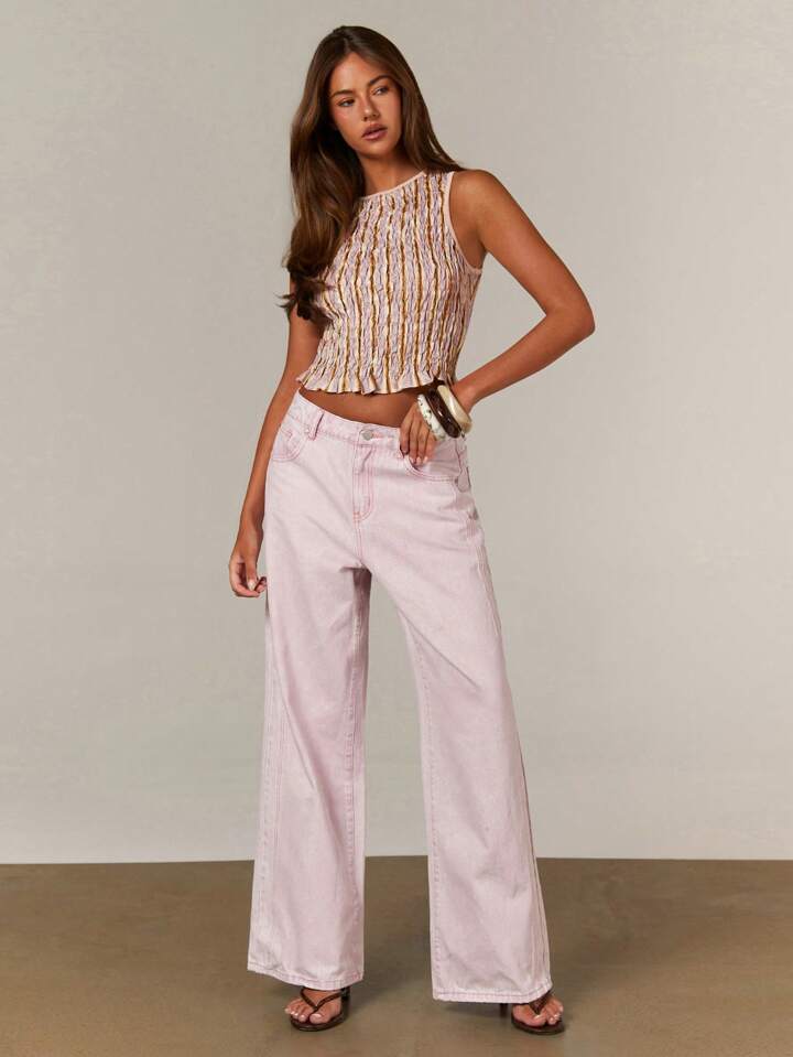 CM-BS023394 Women Casual Seoul Style Mid Waist Extra Long Loose Straight Leg Jeans - Pink