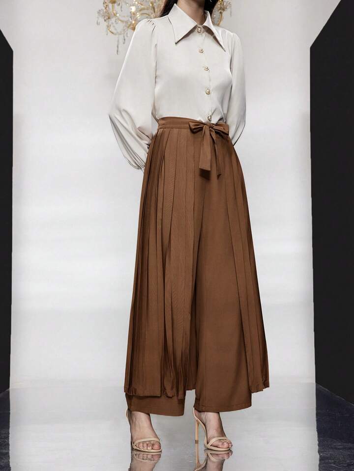 CM-BS787347 Women Casual Seoul Style Belted Pleated Wide Leg Pants - Brown
