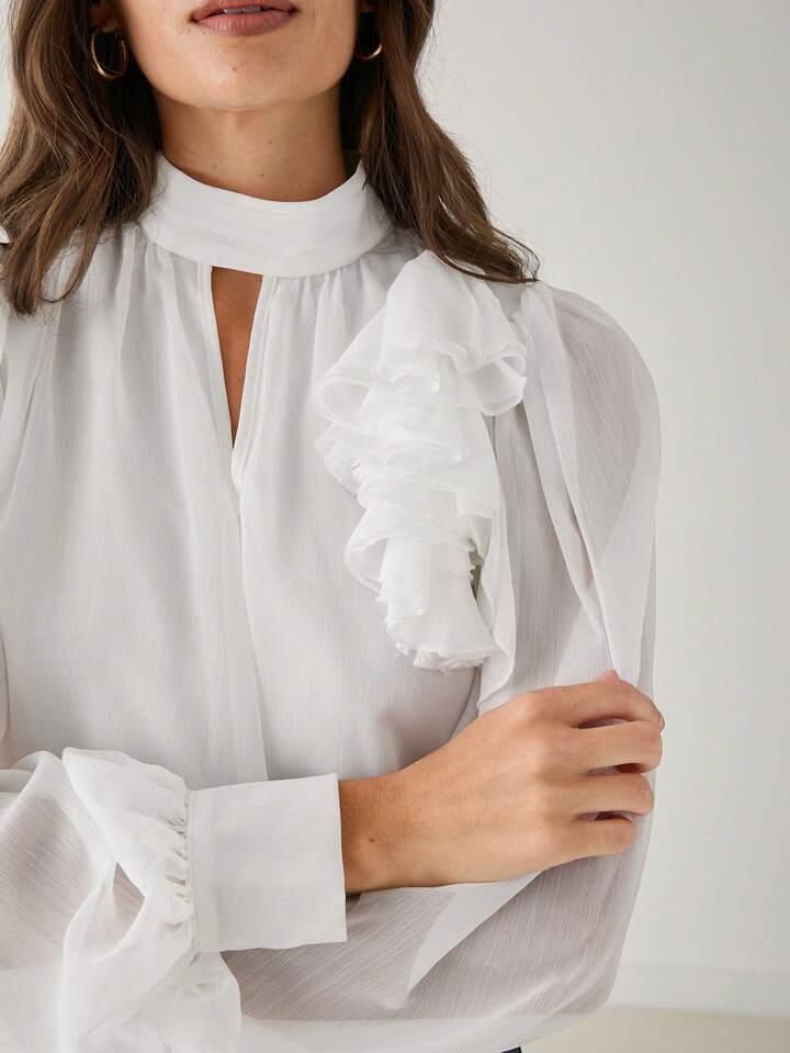 CM-TS119112 Women Elegant Seoul Style Stand Collar Long Sleeve Ruffle Trim 3D Floral Blouse - White