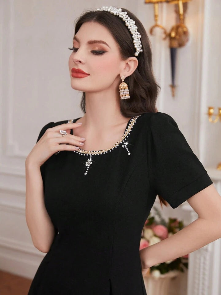 CM-DS428675 Women Elegant Seoul Style Short Puff Sleeve Slit Hem Dress - Black