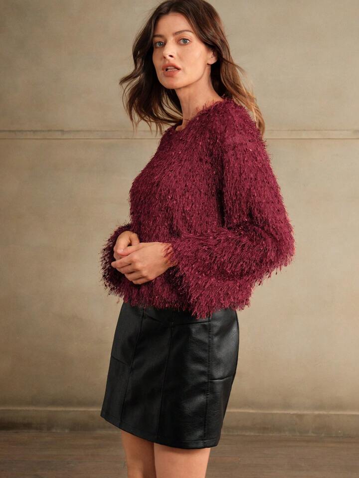 CM-TS181519 Women Elegant Seoul Style Round Neck Long Sleeve Glittery Tassel T-Shirt - Burgundy